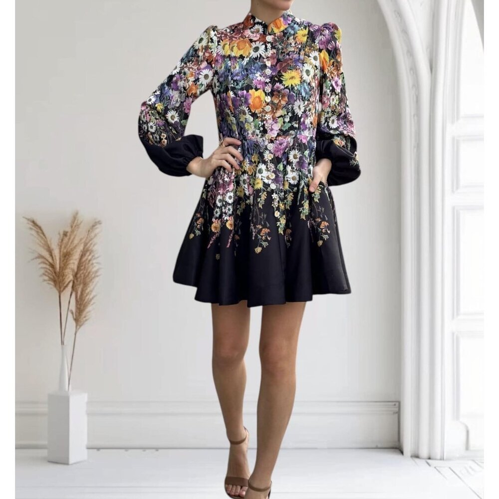 IAN Women's Sz S Floral Blooms Long‎ Sleeve Mini Dress ResortWear Festival Boho